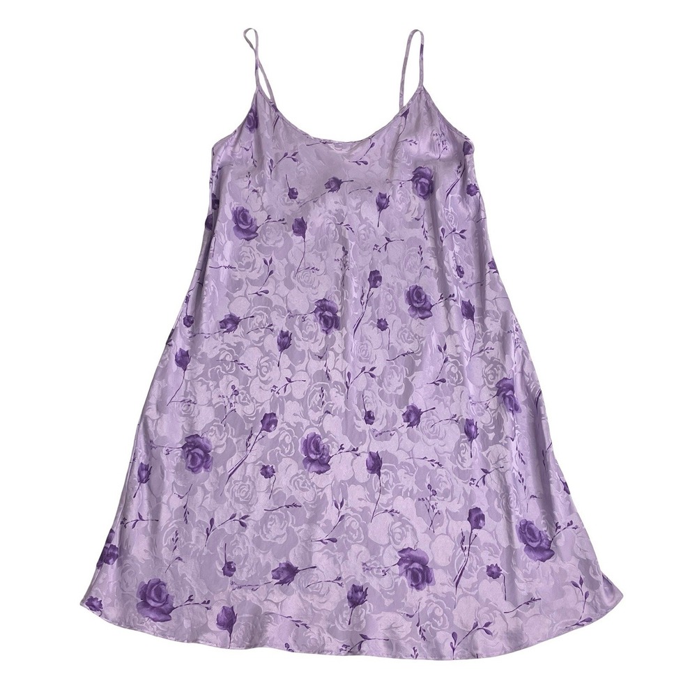 Vintage Private Luxuries Silk Mini Slip Dress Nightgown S Purple Floral Jacquard